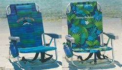 2 Tommy Bahama Backpack Cooler Chair with Storage Pouch and Towel Bar (Blue Stripes + Green Flowers)