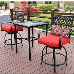 Patio Time Outdoor Furniture 3 Pcs 360 Degree Rotation Swivel Bar Stools with Square Table, Patt ...