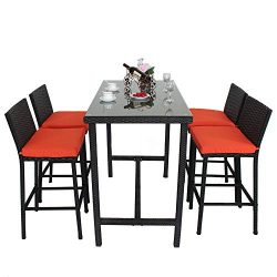 Leaptime Patio Bar Stools Furniture Dining Set Rattan 1 Table 4 Stools PE Wicker Bar Set Stools  ...