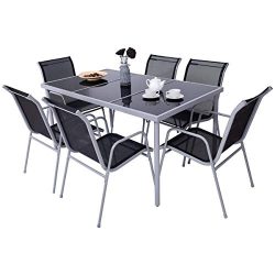 Giantex 7 Pcs Patio Dining Set with Metal Frame for Outdoor Lawn Garden Tempered Glasstop Cool T ...