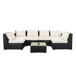 Outdoor Wicker Patio Furniture Sectional Cushioned Rattan Conversation Sofa Sets 7 Pieces