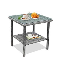 LEAPTIME Patio Side Table Coffee Table Tea Table Mixed Gray Rattan Outdoor Indoor Square Table B ...