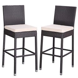 Do4U Set of 2 Patio Bar Stools All-Weather Wicker Outdoor Furniture Chair, Bar Chairs with Beige ...