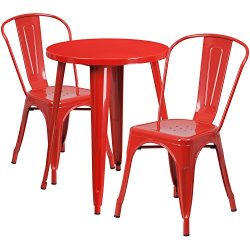 Flash Furniture 24” Round Red Metal Indoor-Outdoor Table Set with 2 Cafe Chairs