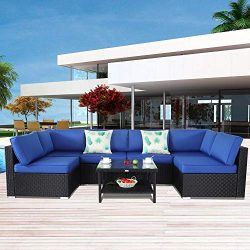 Patio Furniture Black Rattan Sofa Wicker Sectional Couch Set Outside Conversation Garden Furnitu ...