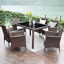 Wisteria Lane 7 Piece Patio Wicker Dining Set, Outdoor Rattan Dining Furniture Glass Table Cushi ...