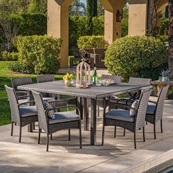 Christopher Knight Home Coral Outdoor 9 Piece Grey Wicker Square Dining Set with Grey Water Resi ...