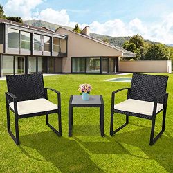 Solaura Outdoor Furniture 3-Piece Black Wicker Patio Bistro Conversation Set with Beige Cushions ...