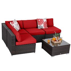 PHI VILLA Outdoor Furniture Wicker Patio Sectional Sofa Couch Set with Tea Table (5-Piece,Red)