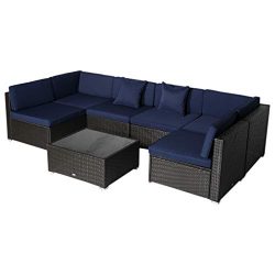 Outsunny 7 Piece Wicker Rattan Sofa Sectional Outdoor Patio Furniture Set- Blue