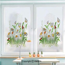 RWNFA Window Glass Sticker Door Mural Spring Flowers Chamomiles Daisy Field with Cheerful Ladybu ...