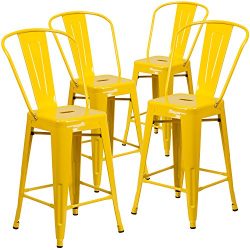 Flash Furniture 4 Pk. 24” High Yellow Metal Indoor-Outdoor Counter Height Stool with Back