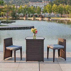 Bonnlo 3 PCS Outdoor Wicker Patio Set, Rattan Bistro Set with Glass Top Table Cushioned Chairs,  ...