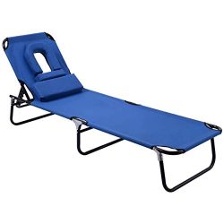 GYMAX Lounge Chair Folding Patio Lounge Chaise Chair Adjustable Beach Chair Recliner with Hole f ...