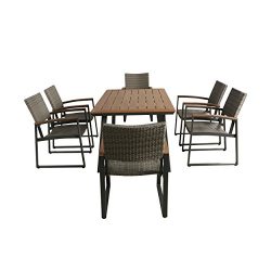 Christopher Knight Home Loren Outdoor 7 Piece Aluminum and Wicker Dining Set with Wood Top, Natu ...