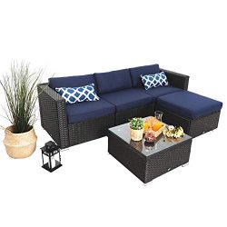 PHI VILLA 5 Piece Patio Rattan Furniture Set Outdoor Furniture Wicker Sofa Conversation Sofa Set ...