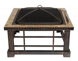 UPHA 30-inch Square Natural Slate Top Fire Pit Table with Rubbed Bronze Side Panels for Outdoor  ...