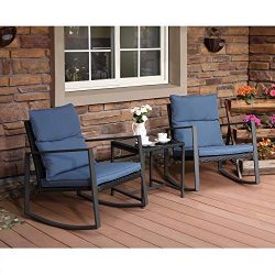 COSIEST 3-Piece Outdoor Patio Furniture Rocking Chairs Bistro Set w Blue Cushions, Glass-Top Tab ...