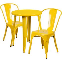 Flash Furniture 24” Round Yellow Metal Indoor-Outdoor Table Set with 2 Cafe Chairs