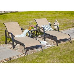 LOKATSE HOME Outdoor Patio Adjustable Metal Chaise Lounge Chair Recliner Set of 2 with 1 Glass T ...