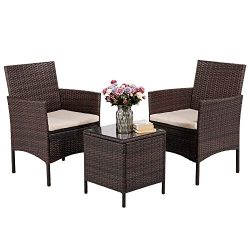 Yaheetech 3 Pieces Patio Furniture Sets PE Rattan Wicker Chairs Beige Cushion with Table Outdoor ...