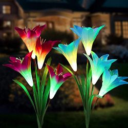 Tvird Outdoor Solar Garden Stake Lights,Solar Garden Lily Lights,2 Sets Solar Flowers with 8 Flo ...