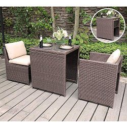 SUNSITT Outdoor Wicker Bistro Table Set 3 Piece Patio Furniture Set with Cushions, Space Saving  ...