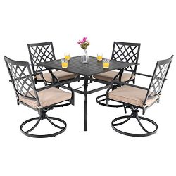 PHI VILLA Outdoor Patio Furniture 5 Piece Dining Set with 37″ Larger Dining Table and 4 Ro ...