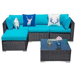 Glowin Outdoor Patio Sectional Sofa-5 Piece Rattan Wicker Furniture Set with Blue Cushion (5 PC)