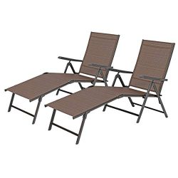 PHI VILLA Outdoor Patio 2 Piece Metal 5 Stages Adjustable Folding Lounge Chair,Beach Yard Pool R ...