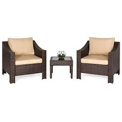 Best Choice Products Set of 2 Outdoor Patio Wicker Club Patio Accent Chairs with Side Table, Brown