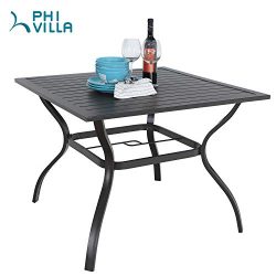 PHI VILLA 37″ x 37″ Patio Outdoor Dining Table with Umbrella Hole, Square Bistro Met ...