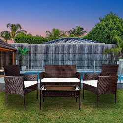 VEIKOU Rattan Garden Furniture Set Patio Conservatory Indoor Outdoor 4 Piece Set Table Chair Sof ...