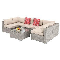 Furnimy 7PCS Outdoor Indoor Patio Furniture Sets Cushioned Sectional Conversation Sofa Sets Gray ...