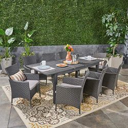 Great Deal Furniture Austin Outdoor 9 Piece Wood and Wicker Expandable Dining Set, Dark Gray and ...