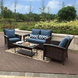 PHI VILLA 4 PC Patio Wicker Sofa Set Outdoor Rattan Furniture Conversation Set with Coffee Table ...