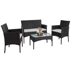 SUNLEI 4 Piece Rattan Patio Furniture Set, Garden Lawn Pool Backyard Outdoor Sofa Wicker Convers ...