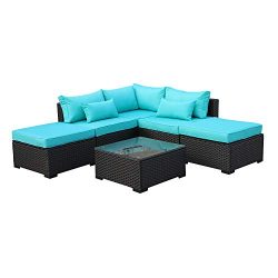 Rattaner Outdoor Wicker Sofa Set- 6 Piece Patio Garden Sectional PE Rattan Furniture with Turquo ...