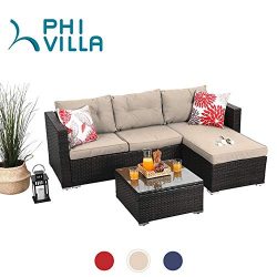 PHI VILLA Outdoor Sectional Rattan Sofa – Wicker Patio Furniture Set (Beige)