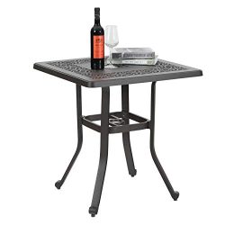 PHI VILLA 27.5″ Patio Cast Aluminum Square Bistro Dining Table with Umbrella Hole and Fros ...