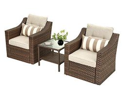 SOLAURA Patio Outdoor 3 Pieces Furniture Set Brown Wicker Sofa Light Brown Cushions with Glass T ...