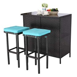 Do4U 3 Pieces Patio Bar Table Set All-Weather Outdoor Wicker Bar with 2 Storage Shelves Glass To ...