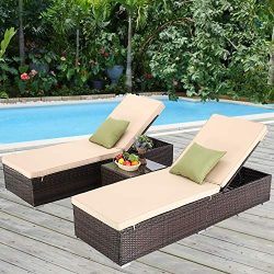 Furnimy 3 PCS Outdoor Patio Chaise Lounge Chair Set PE Rattan Wicker for Poolside Porch Backyard ...