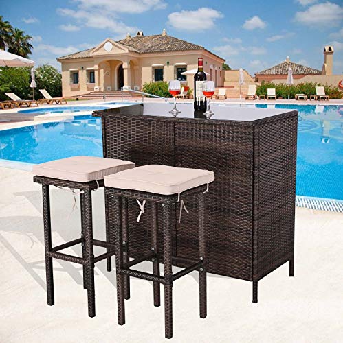 HTTH Bar Furniture Rattan Bar Table 3 Pieces Patio Bar Set Brown Flat