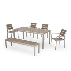 Great Deal Furniture Tess Outdoor Modern Aluminum 6 Seater Dining Set with Dining Bench, Natural ...