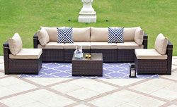 Gotland 7-Piece Outdoor Rattan Sectional Sofa Wide Armrest Patio Wicker Furniture Set(Brown),wit ...