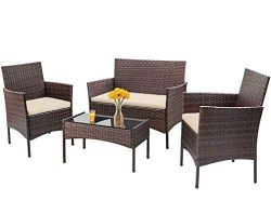 Patio Furniture Set 4 Piece Outdoor Wicker Sofas Rattan Chair Wicker Conversation Set Coffee Tab ...