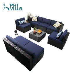 PHI VILLA Patio Furniture Set Outdoor Rattan Sectional Sofa with Tea Table (8 Piece, Blue)