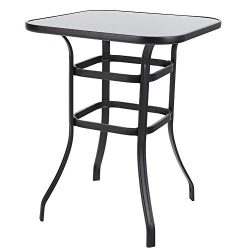 PHI VILLA Outdoor Bar Table, Bar Height Tall Patio Bistro Table, Metal Frame Tempered Glass Tabl ...