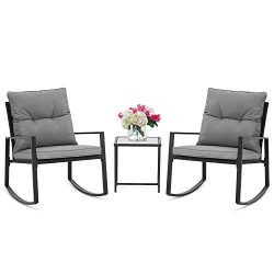 SUNCROWN Outdoor 3-Piece Rocking Bistro Set: Black Wicker Furniture-Two Chairs with Glass Coffee ...